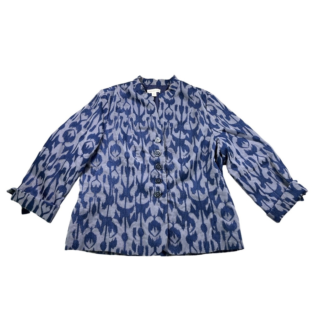 Coldwater Creek Blue Jacquard Lightweight Jacket Topper Size 16 Mandarin Collar